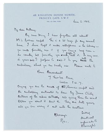 (WELLS, H.G.) REBECCA WEST. Archive of 12 letters Signed, "Rac" or "R," to her son Anthony West ("Dear Anthony" or "My dear Anthony" or